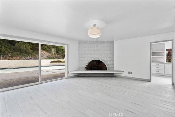 Empty room, Fireplace, Interior, Stone Walls, Wood Texture Flooring