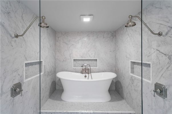 Bathroom, Free Standing Baths, Glass Shower, Interior, Marble Walls, Recessed Lighting