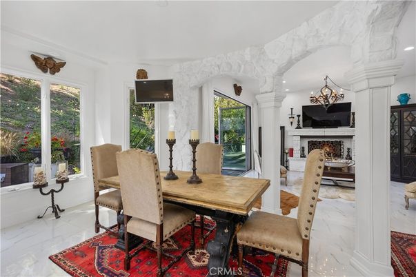 Chandelier, Dining room, Fireplace, Interior, Marble, Recessed Lighting