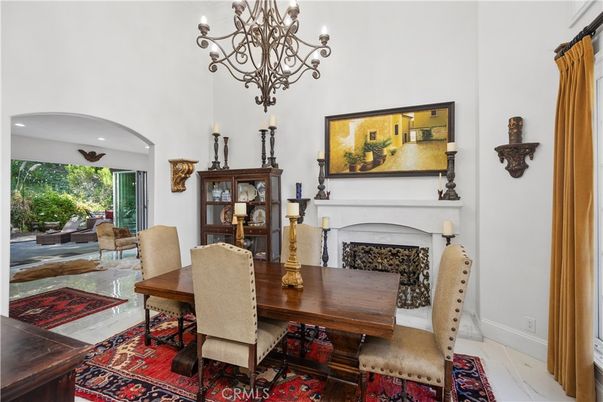 Chandelier, Dining room, Fireplace, Interior