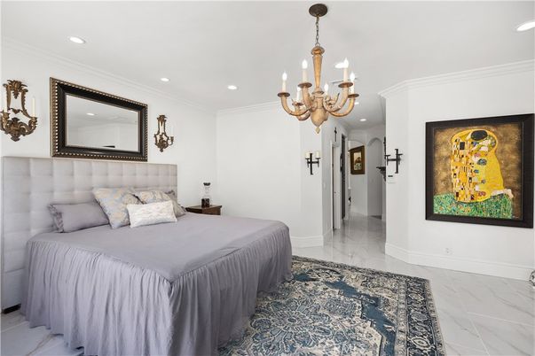 Bedroom, Chandelier, Interior, Marble, Recessed Lighting