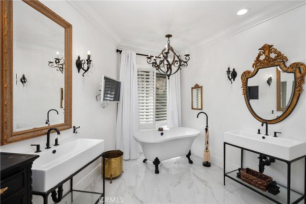 Bathroom, Dual Sink Vanities, Free Standing Baths, Interior, Marble, Pendant Lights, Recessed Lighting