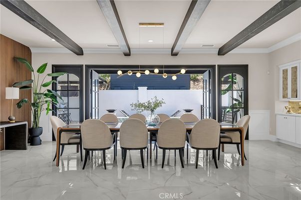 Dining room, Interior, Marble, Recessed Lighting, Wooden Beams
