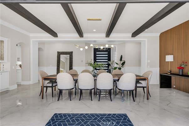 Dining room, Interior, Marble, Recessed Lighting, Wooden Beams