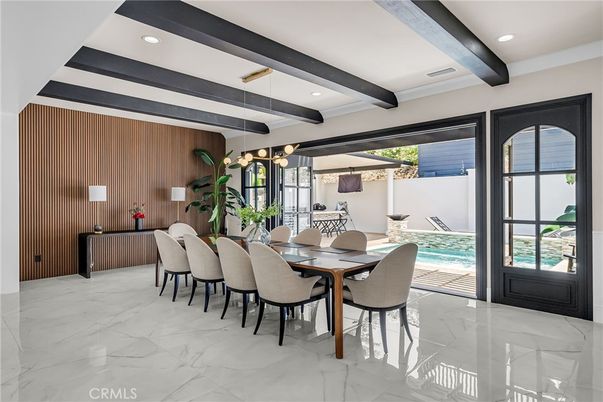 Dining room, Interior, Marble, Recessed Lighting, Wooden Beams, Wooden Walls