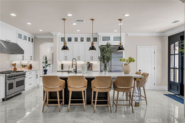 Interior, Kitchen, Marble, Pendant Lights, Recessed Lighting, Stainless Steel Appliances