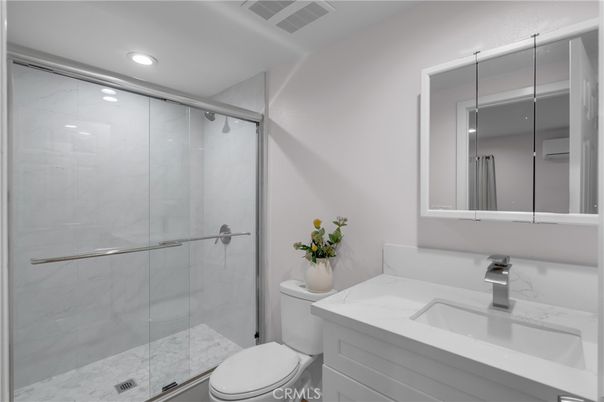 Bathroom, Glass Shower, Interior, Marble Walls, Recessed Lighting