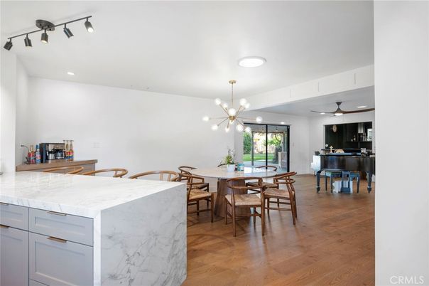 Dining room, Interior, Pendant Lights, Recessed Lighting, Wood Texture Flooring
