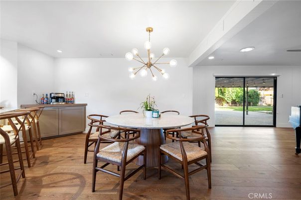 Dining room, Interior, Pendant Lights, Recessed Lighting, Wood Texture Flooring