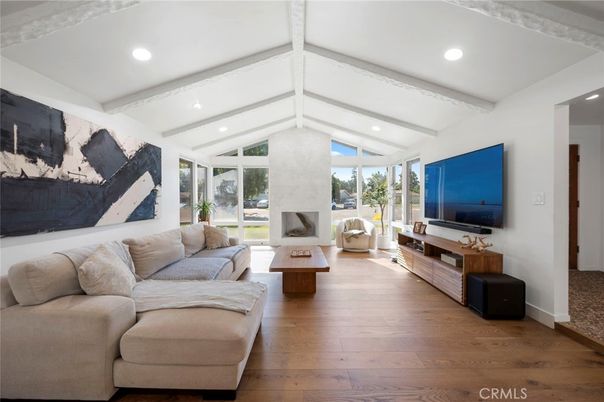 Fireplace, Interior, Living room, Recessed Lighting, Wood Texture Flooring