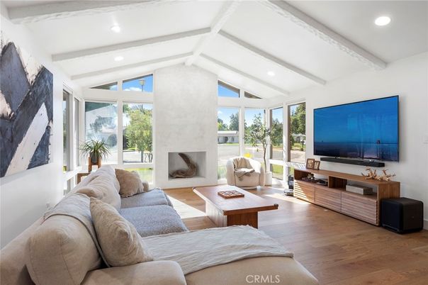 Fireplace, Interior, Living room, Recessed Lighting, Wood Texture Flooring