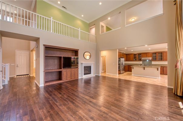 Fireplace, Interior, Kitchen, Recessed Lighting, Wood Texture Flooring