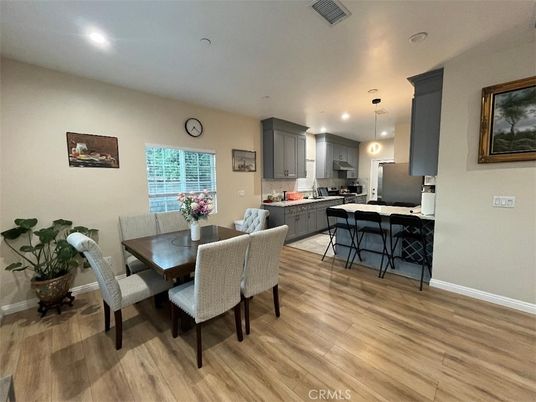 Dining room, Interior, Kitchen, Pendant Lights, Recessed Lighting, Wood Texture Flooring