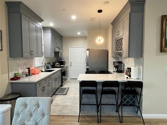Interior, Kitchen, Marble, Pendant Lights, Recessed Lighting, Wood Texture Flooring