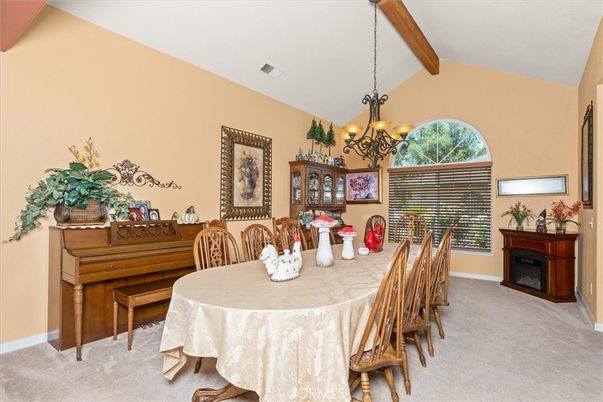 Chandelier, Dining room, Interior, Piano, Wooden Beams