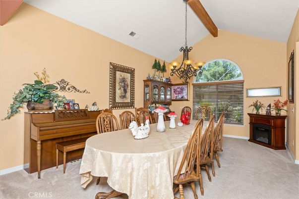 Chandelier, Dining room, Interior, Piano, Wooden Beams