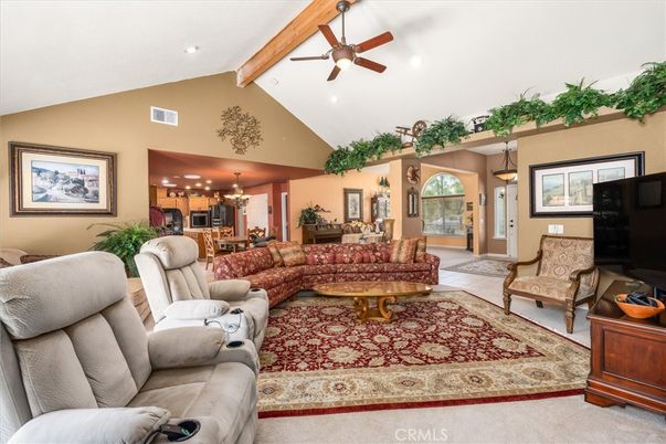 Chandelier, Dining room, Interior, Living room, Pendant Lights, Recessed Lighting, Wooden Beams