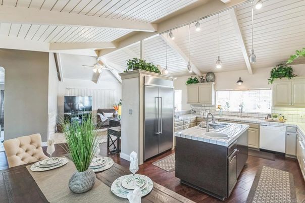 Interior, Kitchen, Pendant Lights, Stainless Steel Appliances, Tile Countertops, Wood Texture Flooring