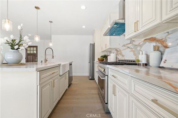Interior, Kitchen, Pendant Lights, Recessed Lighting, Stainless Steel Appliances, Wood Texture Flooring