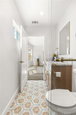 Bathroom, Glass Shower, Interior, Recessed Lighting, Wood Texture Flooring