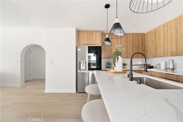 Interior, Kitchen, Pendant Lights, Recessed Lighting, Stainless Steel Appliances, Wood Texture Flooring