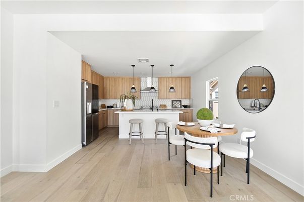 Dining room, Interior, Kitchen, Pendant Lights, Stainless Steel Appliances, Wood Texture Flooring