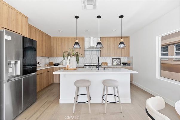 Interior, Kitchen, Pendant Lights, Recessed Lighting, Stainless Steel Appliances, Wood Texture Flooring