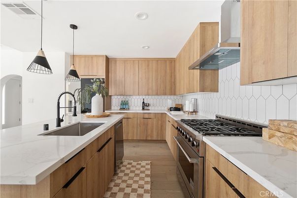 Interior, Kitchen, Pendant Lights, Recessed Lighting, Stainless Steel Appliances, Wood Texture Flooring