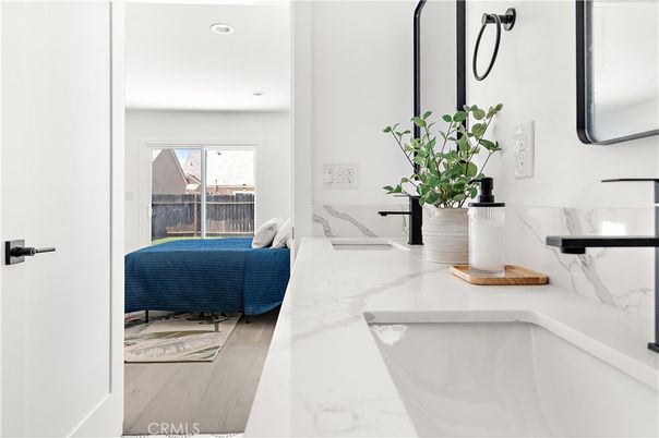 Bathroom, Interior, Marble Walls, Recessed Lighting, Wood Texture Flooring