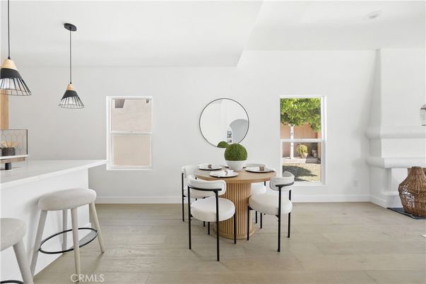 Dining room, Interior, Pendant Lights, Wood Texture Flooring