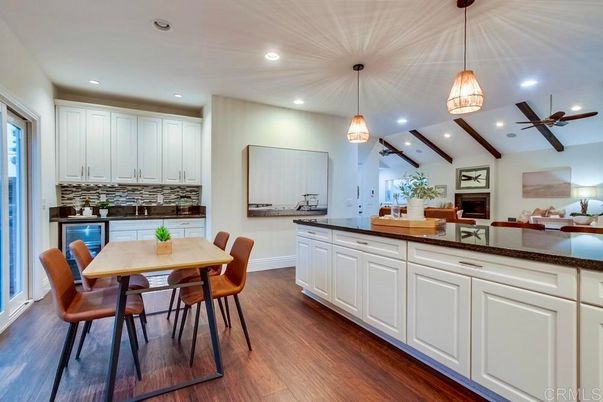 Dining room, Fireplace, Interior, Kitchen, Pendant Lights, Recessed Lighting, Wooden Beams, Wood Texture Flooring