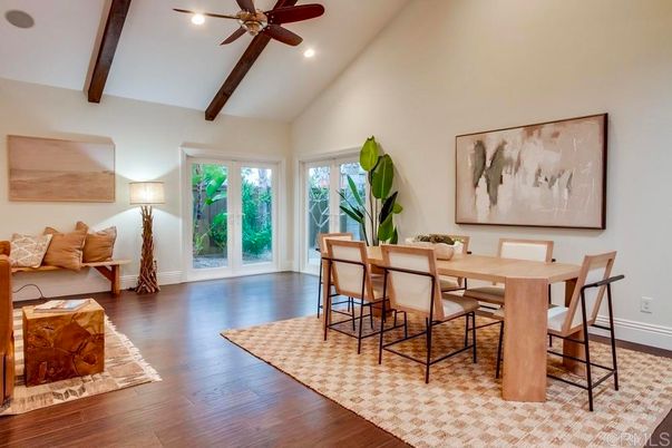 Dining room, Interior, Recessed Lighting, Wooden Beams, Wood Texture Flooring
