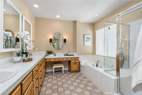 Bathroom, Dual Sink Vanities, Glass Shower, Interior, Recessed Lighting, Tile Countertops