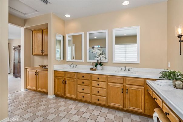 Bathroom, Dual Sink Vanities, Interior, Recessed Lighting, Tile Countertops