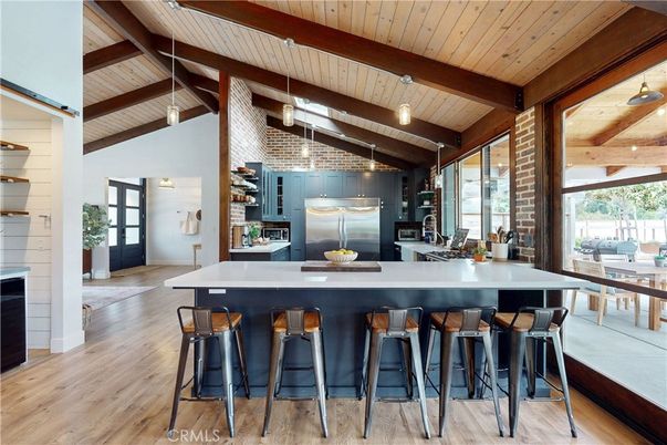Interior, Kitchen, Pendant Lights, Stainless Steel Appliances, Wooden Beams, Wooden Ceilings, Wood Texture Flooring
