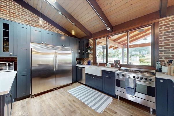 Interior, Kitchen, Pendant Lights, Stainless Steel Appliances, Stone Walls, Wooden Beams, Wooden Ceilings, Wood Texture Flooring
