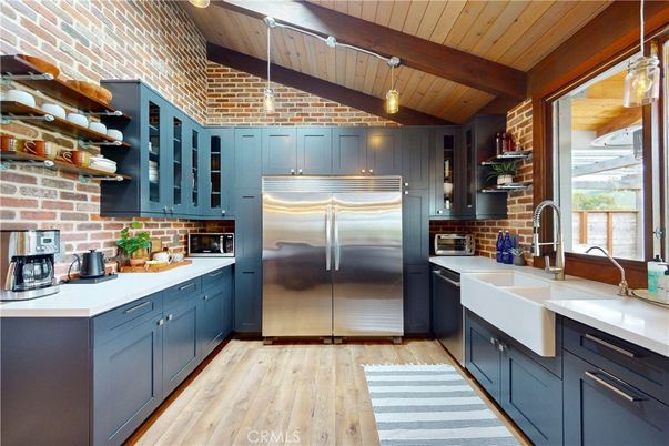 Interior, Kitchen, Pendant Lights, Stainless Steel Appliances, Stone Walls, Wooden Beams, Wooden Ceilings, Wood Texture Flooring