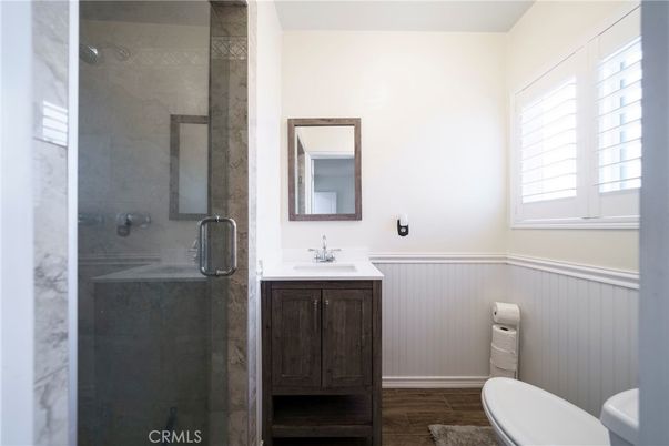 Bathroom, Glass Shower, Interior, Wood Texture Flooring