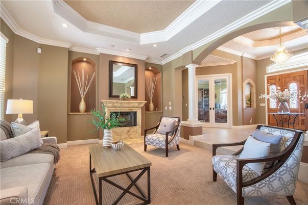 Chandelier, Fireplace, Interior, Living room, Recessed Lighting