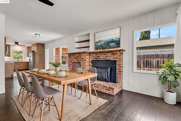 Dining room, Fireplace, Interior, Kitchen, Stone Walls, Wood Texture Flooring