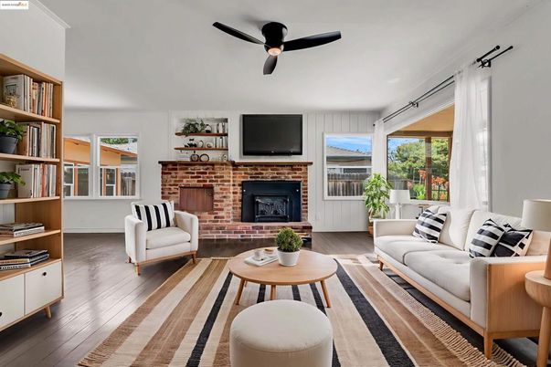 Fireplace, Interior, Living room, Stone Walls, Wood Texture Flooring