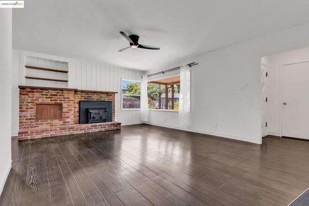 Empty room, Fireplace, Interior, Stone Walls, Wood Texture Flooring