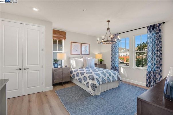 Bedroom, Chandelier, Interior, Recessed Lighting, Wood Texture Flooring