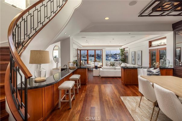 Dining room, Interior, Living room, Recessed Lighting, Wood Texture Flooring