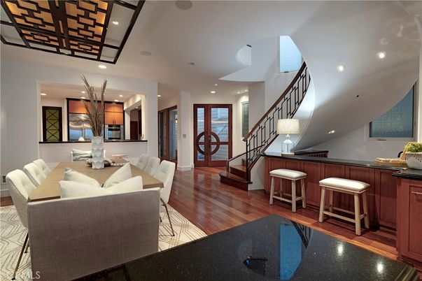 Dining room, Interior, Recessed Lighting, Wood Texture Flooring