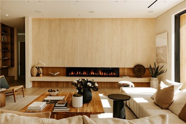 Fireplace, Interior, Living room, Recessed Lighting, Wood Texture Flooring