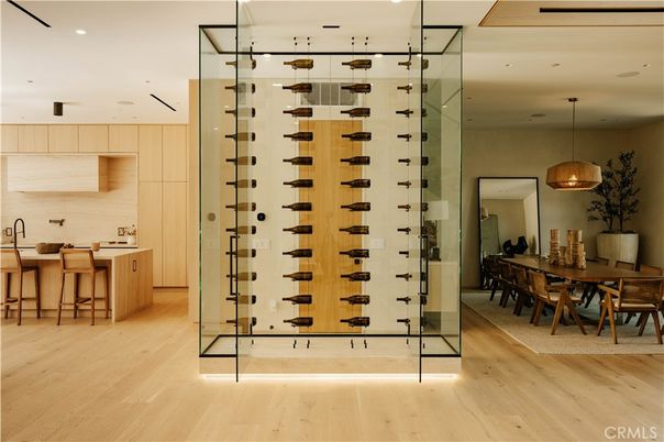 Dining room, Interior, Pendant Lights, Recessed Lighting, Wine Storage, Wood Texture Flooring