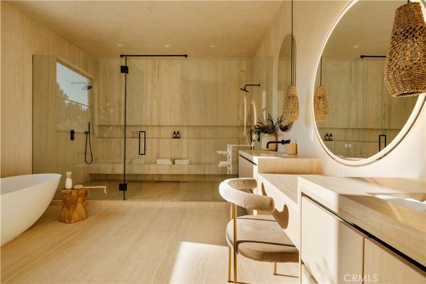 Bathroom, Free Standing Baths, Glass Shower, Interior, Recessed Lighting, Wood Texture Flooring