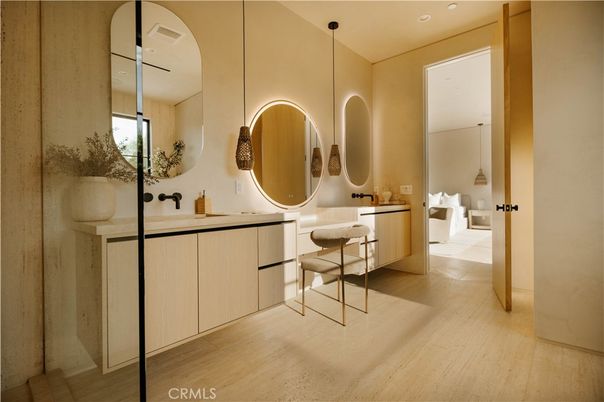 Bathroom, Interior, Pendant Lights, Recessed Lighting, Wood Texture Flooring