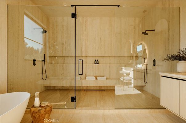 Bathroom, Free Standing Baths, Glass Shower, Interior, Wood Texture Flooring